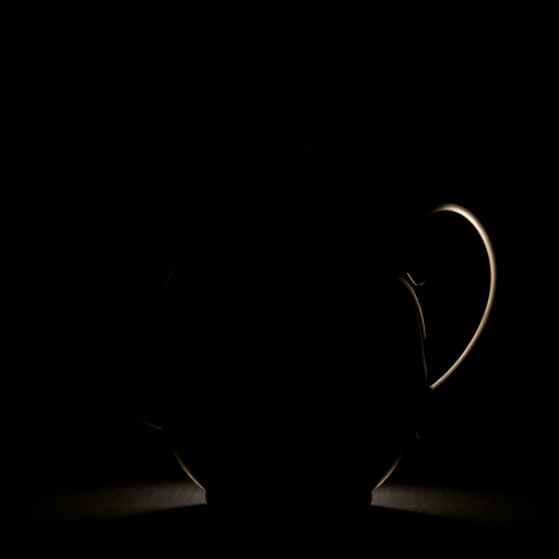 Create a high-resolution silhouette of a teapot with a glossy finish, captured in dramatic backlighting, using a DSLR camera with a 50mm lens at f/2.8 aperture, 1/60 sec shutter speed, and ISO 200, positioned at a slight angle for depth and dimension.