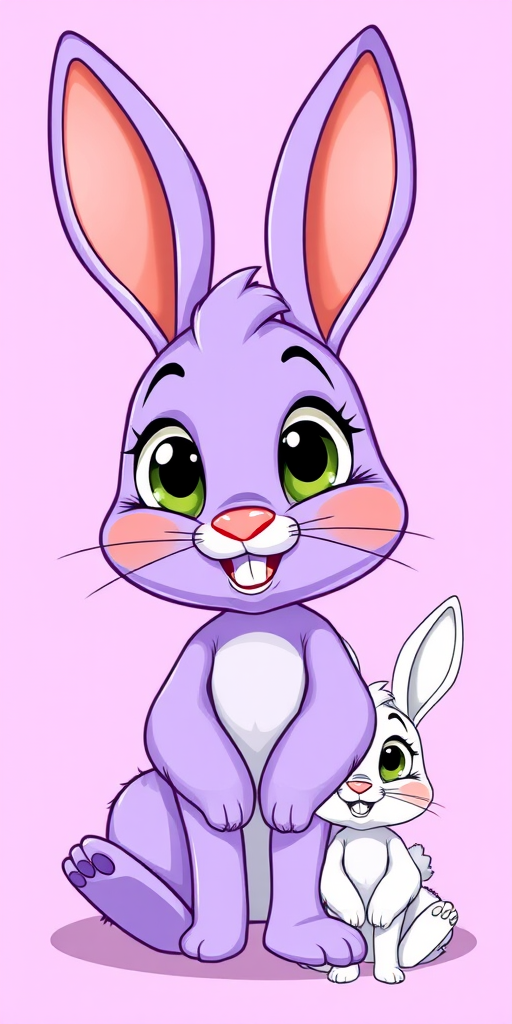 Create a vibrant and detailed illustration of a playful purple rabbit character sitting happily, featuring large expressive eyes and a cheerful smile, alongside a black and white outline version of the same rabbit, shot at f/8 aperture, ISO 100, 50mm lens, natural light, in a cartoon style.