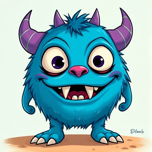 Create an enhanced cartoon-style illustration of a blue monster with large expressive eyes, sharp teeth, and small purple horns, using a DSLR camera with a 50mm lens, aperture set at f/2.8, ISO 100, and natural lighting to capture vibrant colors and sharp details.