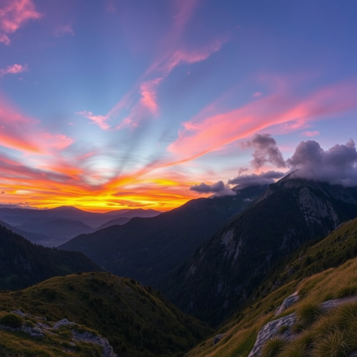 Create a high-resolution image of a serene mountain landscape at sunrise with vibrant colors and soft clouds, captured using a Canon EOS R5, 24mm lens, f/8 aperture, ISO 100, with a panoramic view and a slight HDR effect for enhanced detail.