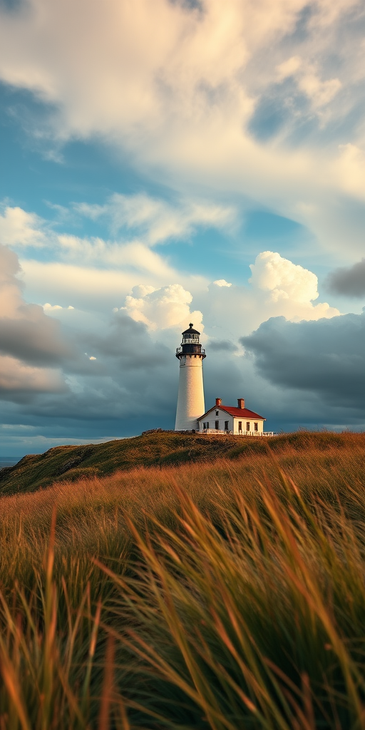 Capture a vibrant landscape of a lighthouse on a hill surrounded by tall grass, under a dramatic sky with dynamic clouds, using a DSLR camera with a 24mm lens, aperture f/8, shutter speed 1/125 sec, ISO 100, in landscape orientation to enhance depth and detail.