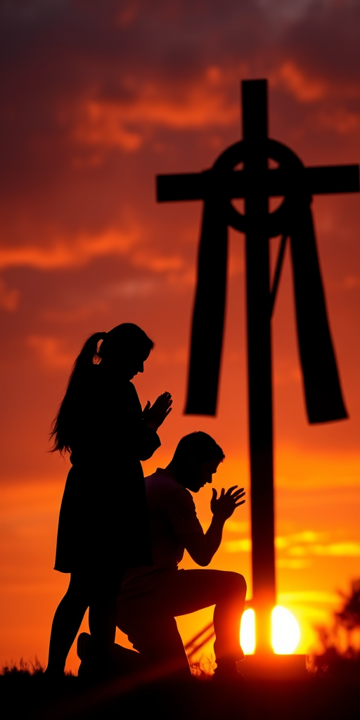 silhouette of a woman praying and a man kneeling by a cross at sunset, with vibrant orange and purple sky, focus on sharp details, captured with a Canon EOS R, 50mm lens at f/2.8, ISO 100, and a 1/200s shutter speed, shot from a low angle for dramatic effect