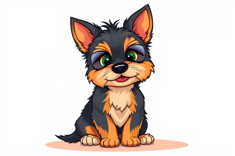 Create a playful and vibrant cartoon illustration of an adorable Yorkshire Terrier puppy sitting, using a DSLR camera with a 50mm lens, f/1.8 aperture, ISO 100, and a 1/200 shutter speed to enhance image quality and clarity.