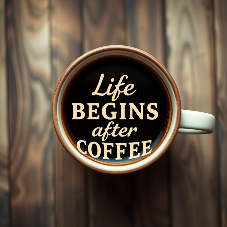 Create a high-quality image of a coffee cup with the text "Life BEGINS after COFFEE" in an artistic font, using a vintage style, shot from a top-down view with a shallow depth of field, aperture set at f/2.8, ISO 100, and a DSLR camera.