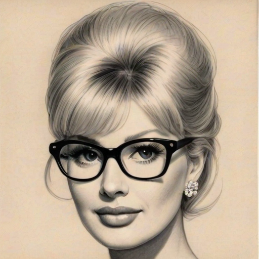 Charming Ivana Trump, pencil sketch, portrait of Graceful woman 1962s in glasses, hair style beatnik, outline, clear lines, fine lines, 8k