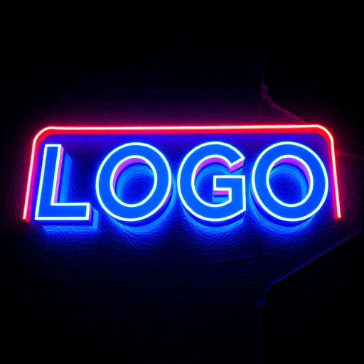 Create a high-resolution 3D render of a glowing logo with a dramatic blue and red neon effect, using a DSLR camera with a 50mm lens at f/1.8, ISO 100, and a shutter speed of 1/125s, shot from a low angle to emphasize depth and detail, in a dark, textured background for contrast.