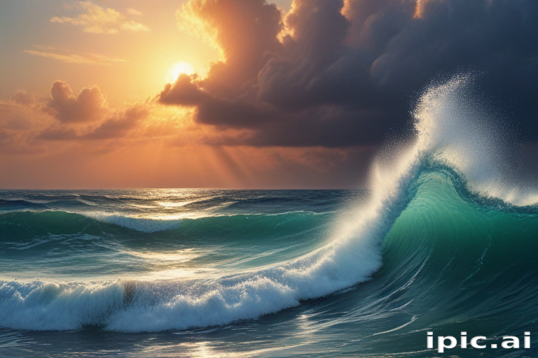 Majestic Ocean Wave Captured at Sunset Under Dramatic Cloudy Sky