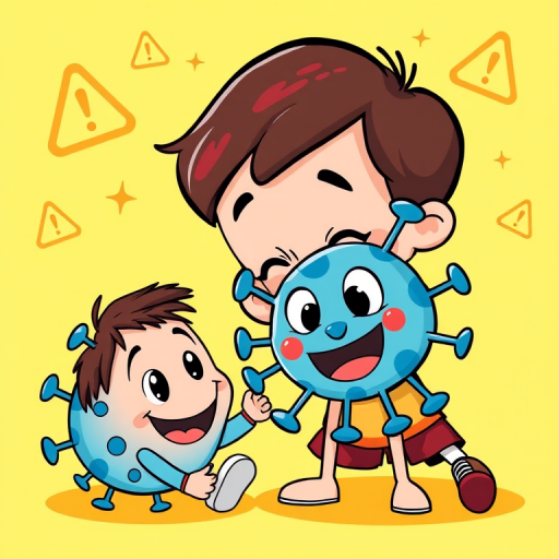 create a cartoon illustration of a playful interaction between a child and a virus character, using a bright yellow background with caution symbols, focus on vibrant colors and fun expressions, camera settings: f/8, ISO 100, shutter speed 1/250, camera view: medium close-up, camera style: cheerful and whimsical, camera type: digital illustration