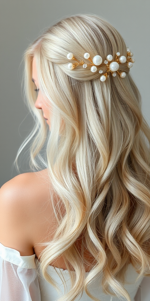 Ethereal goddess with waist-length platinum blonde hair styled in ethereal loose waves, adorned with delicate pearl and crystal hair accessories