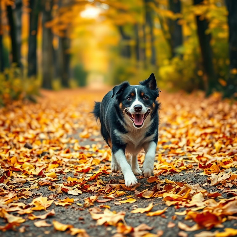 a happy dog with black and white fur running along a forest path covered in autumn leaves, with a soft focus and warm lighting