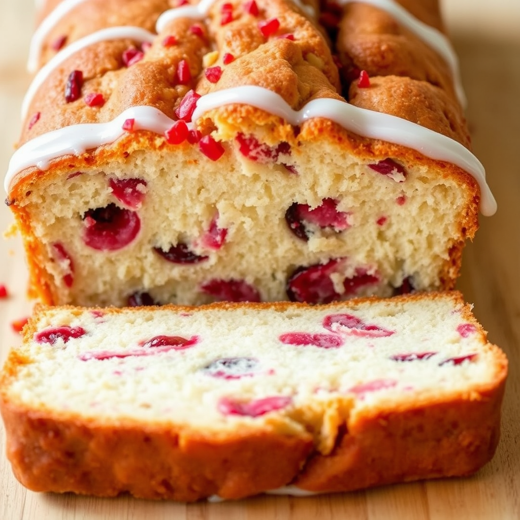 A delicious loaf cake with a light golden crust and a moist interior filled with pieces of red fruit, topped with a creamy white icing and sprinkled with small red bits, showcasing a slice cut from the loaf to reveal its texture and color.