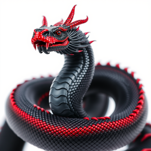 A mythical dragon serpent with intricate scales shimmering in black and red, fierce expression, posed majestically against a plain white background, taken with a DSLR camera, f-stop 4.0, ISO 100, shutter speed 1/200 sec, lens focal length 50mm, in macro mode to capture fine details.