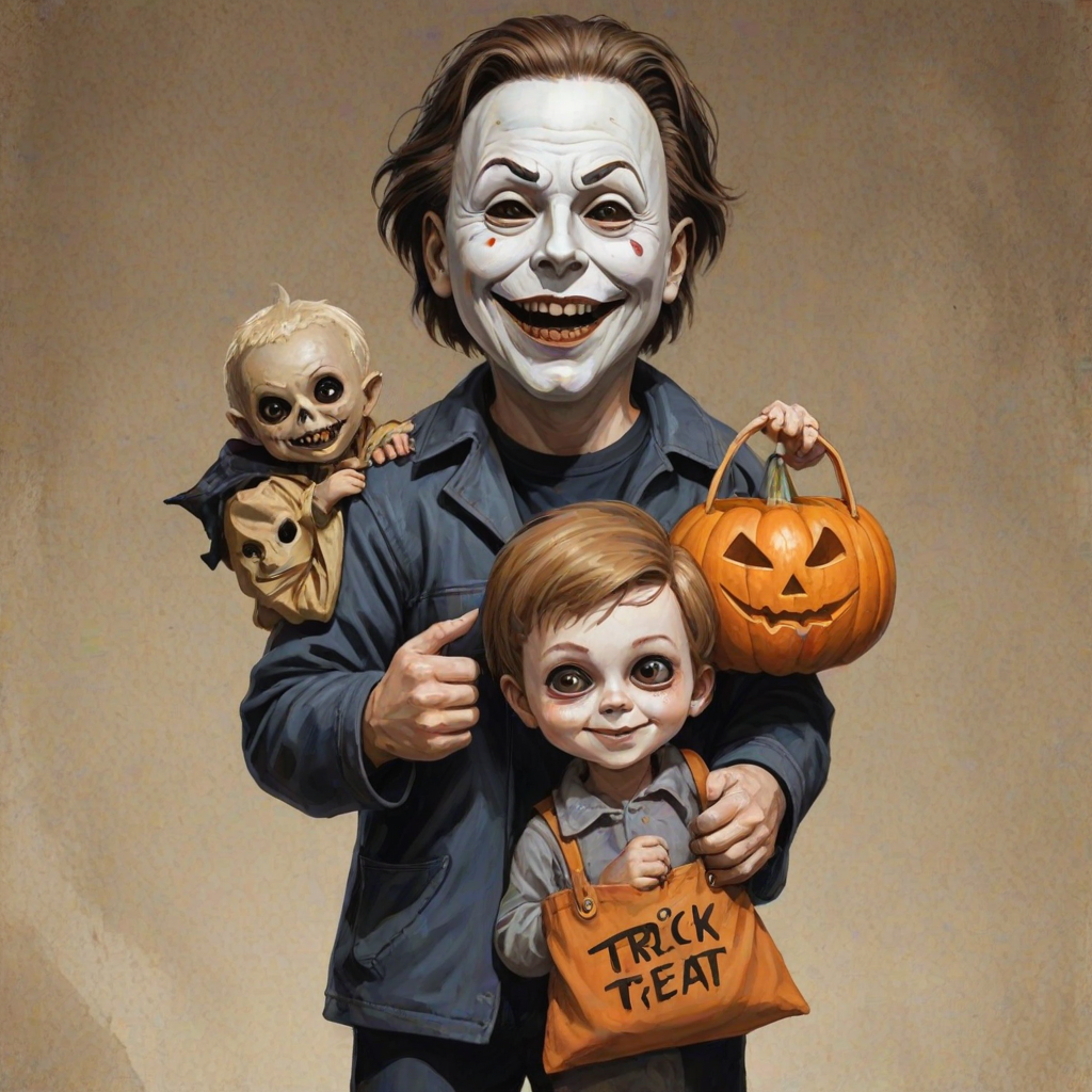 A whimsical caricature of a child version of Michael Myers, grinning mischievously. He is held by the hand of an unrecognizable person (only their hand visible), while holding a bag labeled 'Trick or Treat.' His facial expression is playful yet slightly menacing, reflecting his iconic figure. The scene is in portrait format with a Halloween theme, featuring exaggerated cartoon details like big eyes, a small body, and a creepy yet light-hearted tone.