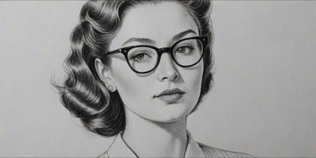 Exquisite Emma Kenney, pencil sketch, portrait of Pleasing woman 1951s in glasses, hair style beatnik, outline, clear lines, fine lines, 8k