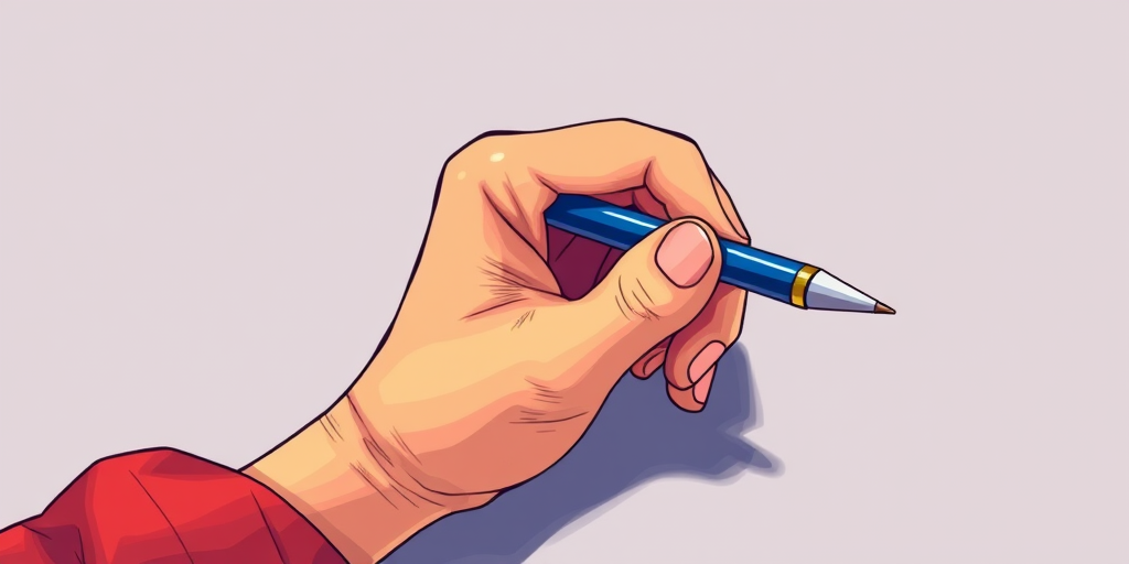 Create an illustration of a hand holding a pen with a vibrant color palette, high-resolution, 300 DPI, using a digital art style with smooth lines, focus on detail and shading, and an overhead view.