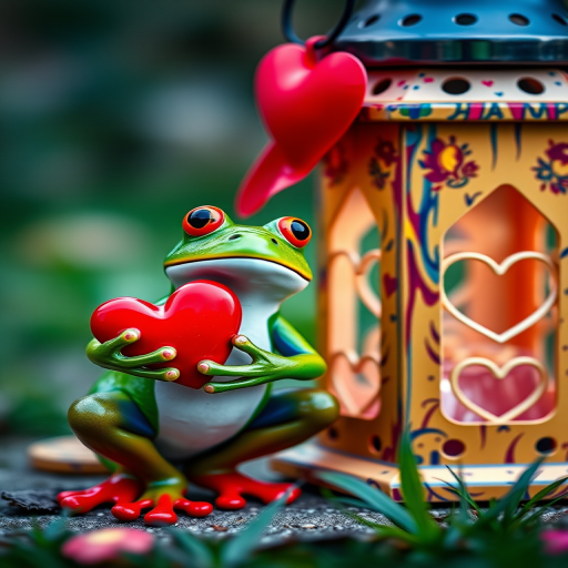 Create a vibrant outdoor scene featuring a colorful frog holding a red heart next to a decorative lantern with cut-out hearts, using a Canon EOS 90D camera, 50mm lens, f/2.8 aperture, 1/200 sec shutter speed, ISO 100, capturing a shallow depth of field to emphasize the frog and lantern while softly blurring the background.