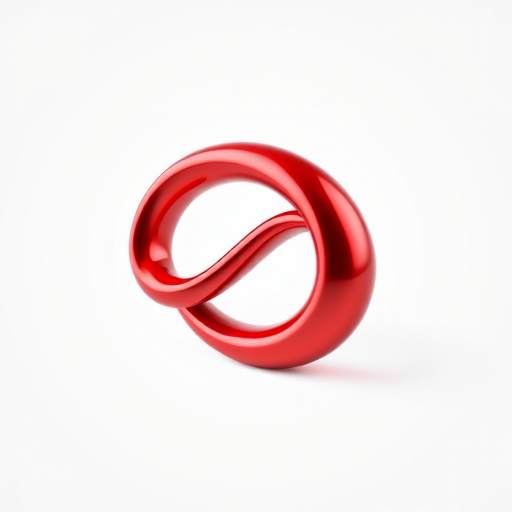 Create a 3D rendering of a shiny red infinity symbol on a white background, using a DSLR camera with a 50mm lens, aperture f/2.8, ISO 100, and a softbox for lighting to enhance reflections and detail.