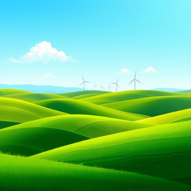 Create a vibrant digital illustration of rolling green hills with a clear blue sky, featuring a few stylized windmills in the distance, using a wide-angle view, digital art style, 300 DPI resolution, and a soft focus effect for a dreamy atmosphere.