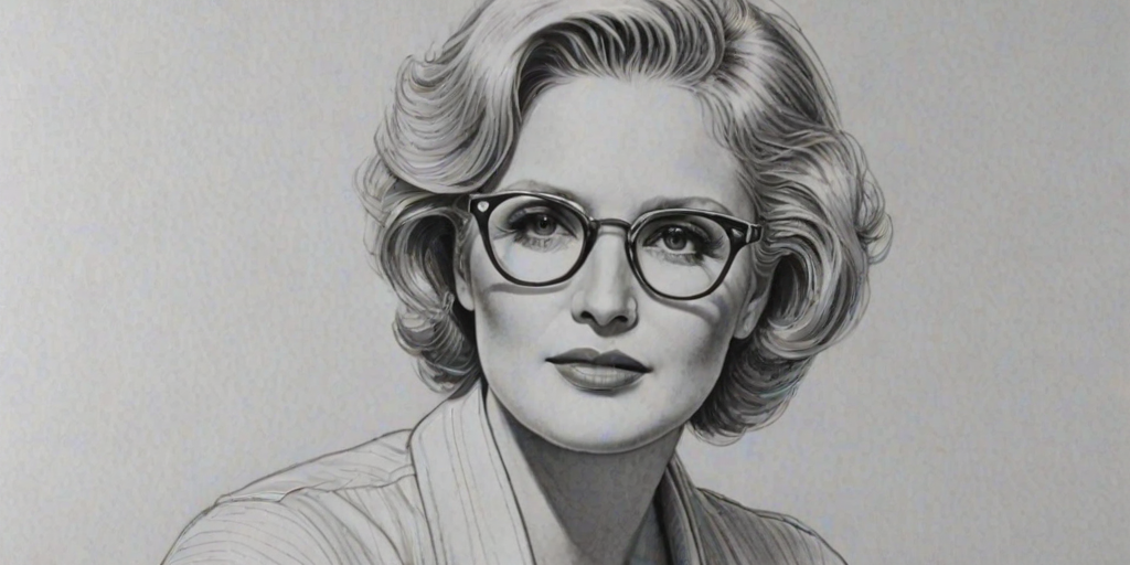 Enticing Sharon Gless, pencil sketch, portrait of Superb woman 1934s in glasses, hair style beatnik, outline, clear lines, fine lines, 8k
