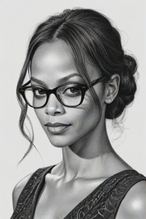 Appealing Zoe Saldana, pencil sketch, portrait of Exquisite woman 1958s in glasses, hair style beatnik, outline, clear lines, fine lines, 8k