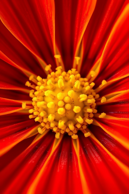 macro shot of a vibrant red and yellow flower center with high detail, f/2.8 aperture, ISO 100, 100mm lens, natural light, DSLR camera, shot from a close-up perspective to enhance texture and color saturation