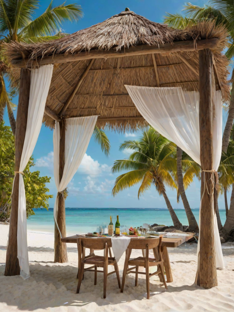 Create a picturesque tropical beach scene featuring a serene, white sandy shore. In the foreground, there's a rustic wooden canopy with white drapes gently flowing in the breeze. Underneath the canopy, a table is set with tropical decor, evoking a sense of relaxation and leisure. The beach extends into a calm, shallow water area with reflections of the sky and surroundings. Palm trees and lush greenery line the edge of the beach, providing a natural, tropical backdrop. The sky is clear with a few scattered clouds, and the overall atmosphere is tranquil and inviting, perfect for a peaceful retreat.