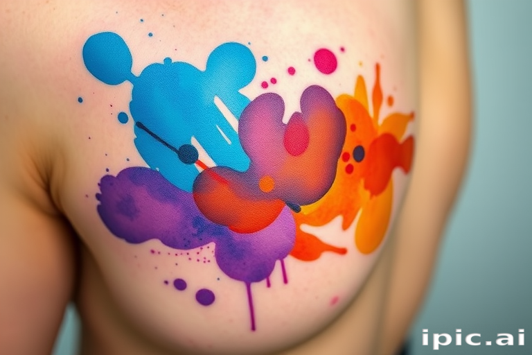 Vibrant watercolor splash tattoo named "Chromatic Symphony" featuring bright hues of blue, purple, and orange blending seamlessly across the skin creating an abstract masterpiece with delicate splatters and smooth gradients