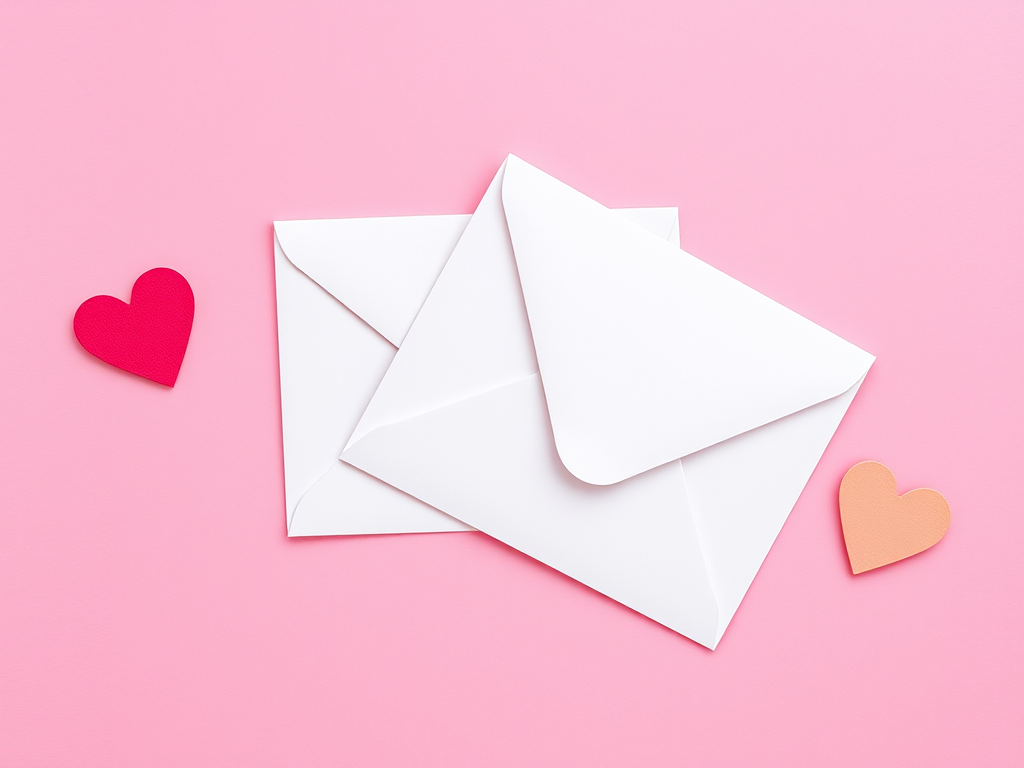 Create an image of two overlapping envelopes on a pink background with decorative hearts in each corner, using a Canon EOS R5 camera at f/4, ISO 100, 50mm lens, top-down view, and vibrant color style to enhance image quality.