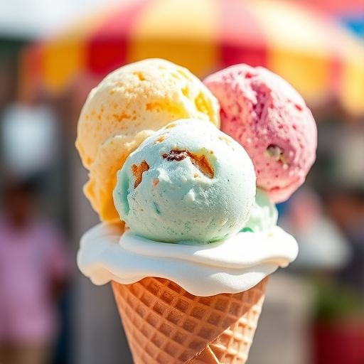A colorful ice cream cone with two scoops of ice cream, shot in bright daylight with a DSLR camera, aperture f/2.8, shutter speed 1/200, ISO 100, and a shallow depth of field to create a soft background blur.