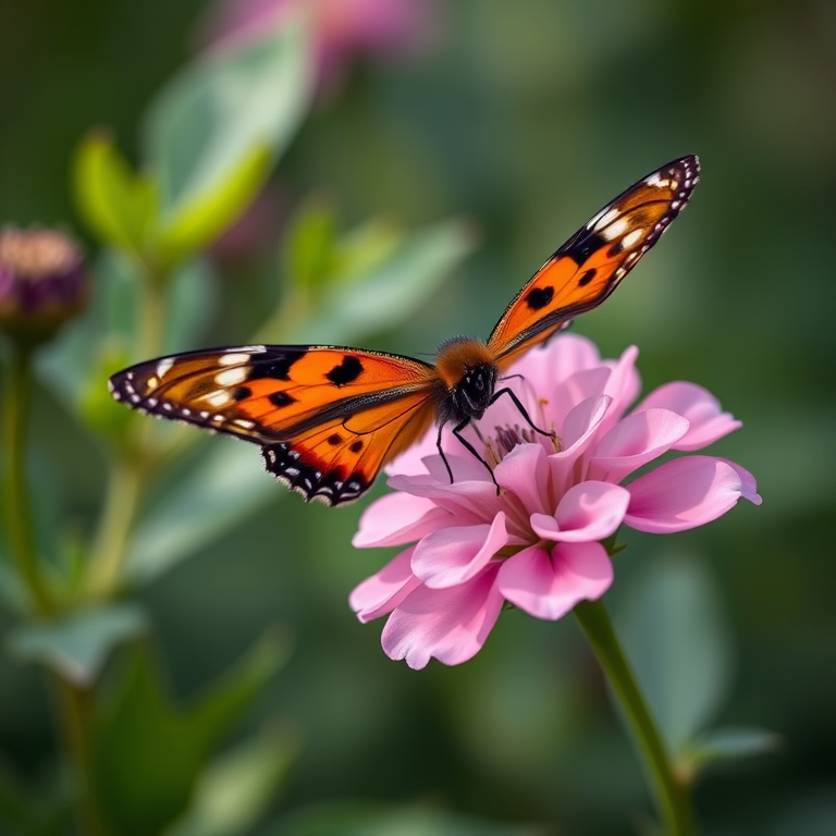 A vivid orange and black butterfly perched on a pink flower with soft green foliage in the background, macro lens, f/8 aperture, 50mm focal length, natural lighting, DSLR camera, shallow depth of field.