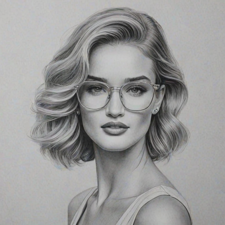 Gorgeous Rosie Huntington-Whiteley, pencil sketch, portrait of Alluring woman 1938s in glasses, hair style beatnik, outline, clear lines, fine lines, 8k