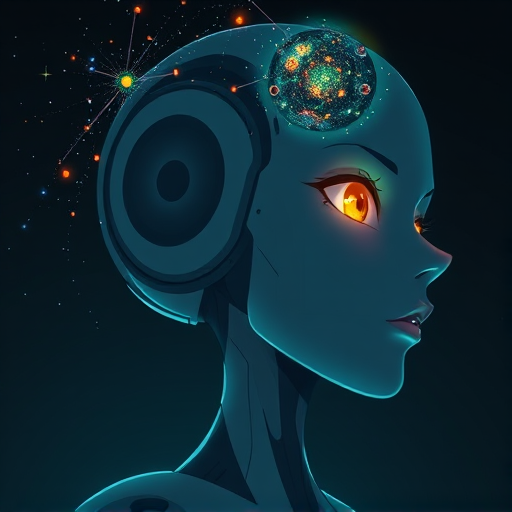 Anime screencap featuring a Minimalist and abstract side profile of a robot woman with a universe sprouting from her mind as she opens her eyes and attains consciousness for the first time in the dark. She has beautiful and intelligent bright orange eyes brimming with knowledge and benevolence. Mostly in hues of blue and green.