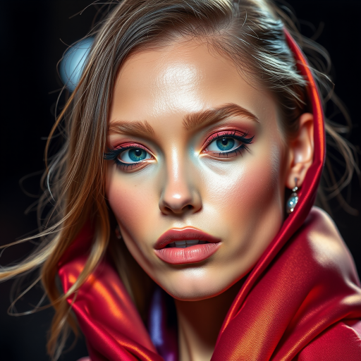 Runway capture, a beautiful model, vibrant colors, metallic textures, high fashion editorial , a 100mm macro lens to get extreme close-ups of intricate details like fabric stitching, accessories, or makeup artistry