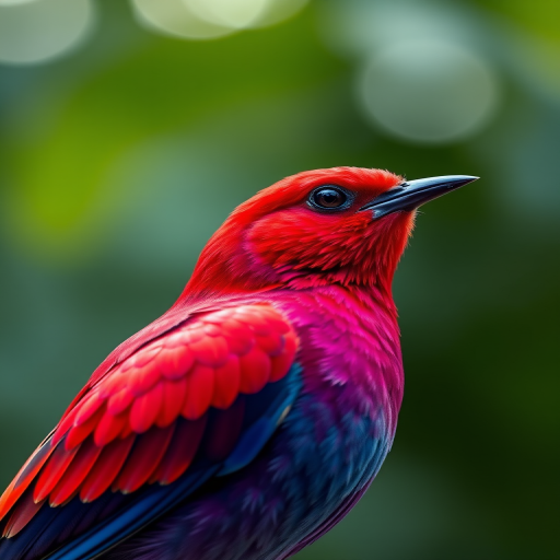 Create a vibrant digital illustration of a stylized bird in hues of red, purple, and blue, with a smooth gradient effect, using a high-resolution digital camera, macro lens, f/2.8 aperture, 1/250 sec shutter speed, soft natural lighting, and a slightly blurred background for depth.