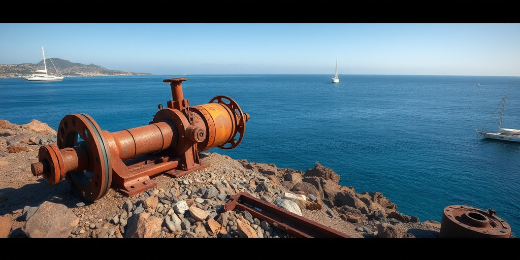 Regenerate an image of a serene coastal scene featuring abandoned rusted machinery on rocky terrain overlooking a calm blue sea with yachts in the distance, captured with a DSLR camera at ISO 100, aperture f/8, shutter speed 1/200s, wide-angle lens, in bright daylight conditions.
