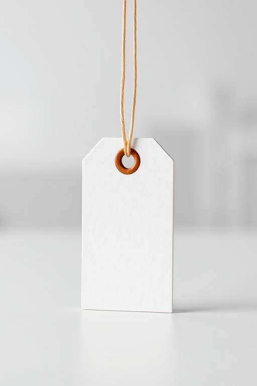 Create a clean, minimalistic blank tag design with a rectangular shape and a circular hole for string attachment, using a high-resolution camera at 300 DPI, with a depth of field focus effect, taken from a slight angle to add dimension, using a DSLR camera with a 50mm lens for sharp detail.