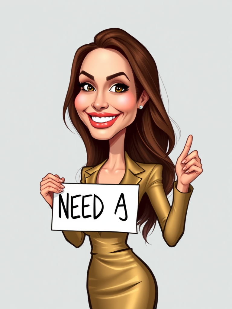 caricature of a smiling Angelina Jolie in a Brass dress or suit, holding up a sign that says "NEED A JOB", no watermark,