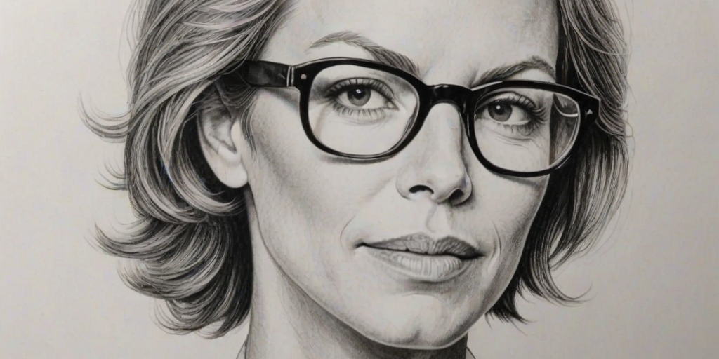 Sublime Jamie Lee Curtis, pencil sketch, portrait of Enchanting woman 1972s in glasses, hair style beatnik, outline, clear lines, fine lines, 8k