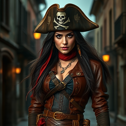 Create a portrait of a fierce female pirate. She wears a leather tricorn hat adorned with a skull and crossbones emblem, and her long, dark hair flows around her face. Her outfit consists of a richly detailed leather jacket, a corset, and multiple layers of belts and accessories, giving her a formidable and stylish appearance. She stands confidently in a dimly lit, historic port town, with a backdrop of weathered buildings and cobblestone streets, capturing the adventurous spirit of a pirate.
