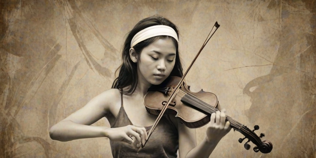 a young Ryukyuan woman with a white headband playing a violin, in the style of a charcoal drawing, sepia grunge background