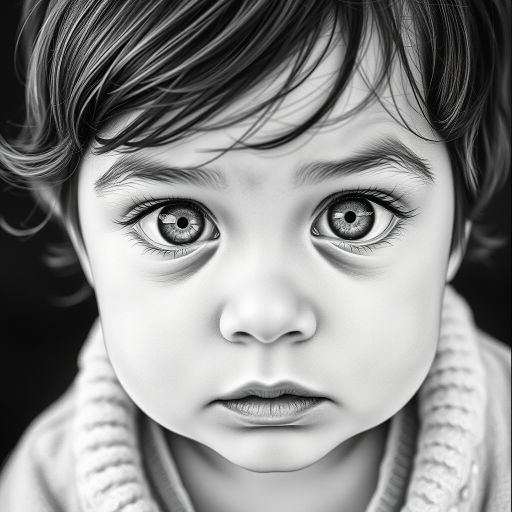 A hyperdetailed photorealistic black and white sketch of a beautiful toddler with deep white eyes, with a macro focus