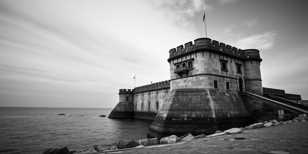 Regenerate the image of a historic fortress by the sea in black and white, using a DSLR camera with a 24mm lens, aperture f/8, ISO 100, a low-angle view to emphasize the structure, and HDR style for enhanced detail and contrast.