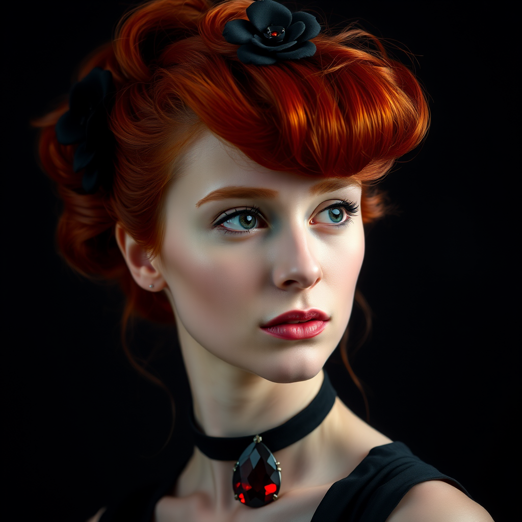 A young woman with bright red hair styled in a voluminous updo adorned with black floral accents, wearing a black choker with a large red gemstone pendant, looks off to the side with a slightly pensive expression, her face softly lit against a dark background.  The image is composed as a portrait, shot from a close-up perspective, with the subject filling most of the frame.  The woman's skin appears fair and flawless, with a subtle glow.  The overall atmosphere is elegant and slightly dramatic.