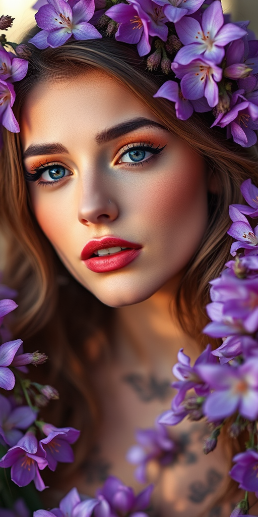 portrait of a woman with floral makeup and hair, surrounded by purple flowers, soft natural light, shallow depth of field, 85mm lens, f/1.8 aperture, ISO 100, taken with a DSLR camera