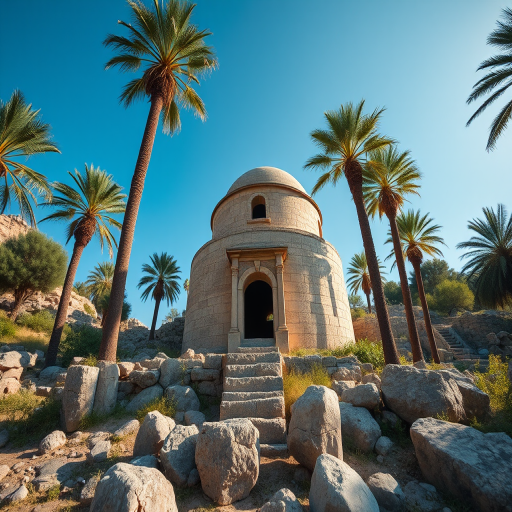 Capture an image of an ancient stone structure with a dome surrounded by palm trees and rocky terrain, using a Canon EOS R5 camera, 24mm lens, f/8 aperture, ISO 100, and a bright daylight setting, low angle view for enhanced depth.