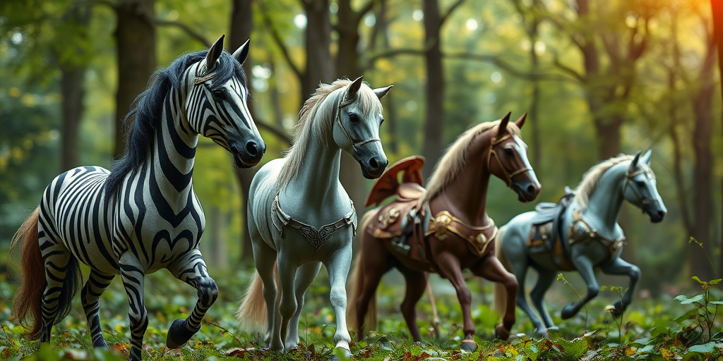Regenerate an image of three fantasy horses including a zebra-themed horse and horses with unique armor in an enchanted forest setting, using a DSLR camera with a 50mm lens, aperture f/1.8, ISO 100, shot from a low angle to enhance depth of field and detail.