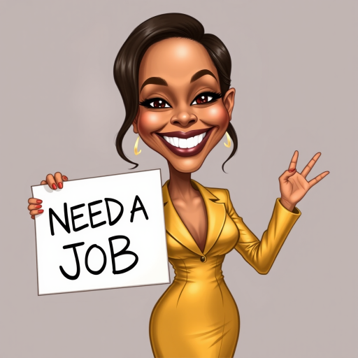 caricature of a smiling Zoe Saldana in a Gold dress or suit, holding up a sign that says "NEED A JOB", no watermark,