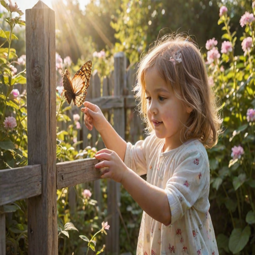 Soft, intimate photo of a young child reaching for a butterfly in a blooming garden, sunlight catching the translucent wings, with bright flowers and a weathered wooden fence in the background.