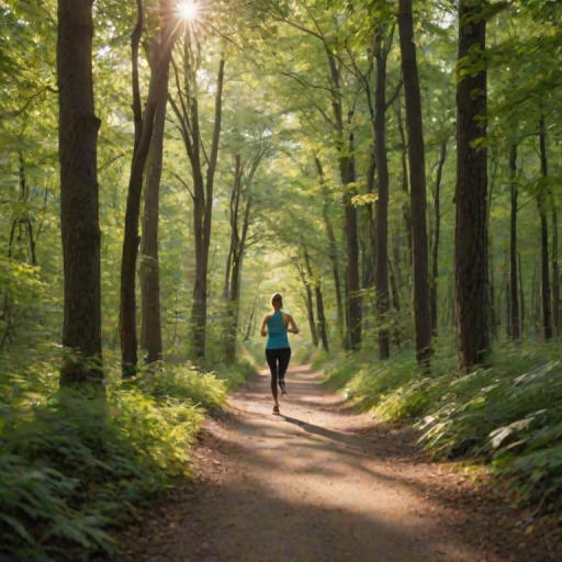 Serene forest trail, with sunlight filtering through the leaves, a woman jogging along the path, and the sounds of birds chirping creating a peaceful ambiance.