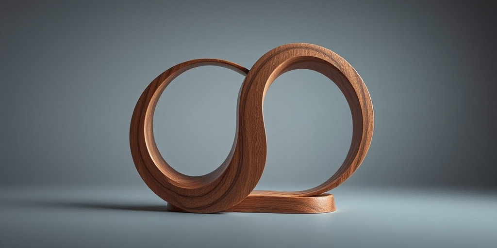 Create a hyper-realistic rendering of a wooden infinity sculpture, studio lighting, shallow depth of field, 50mm lens, f/2.8, ISO 100, with a soft gray background to enhance contrast and clarity.